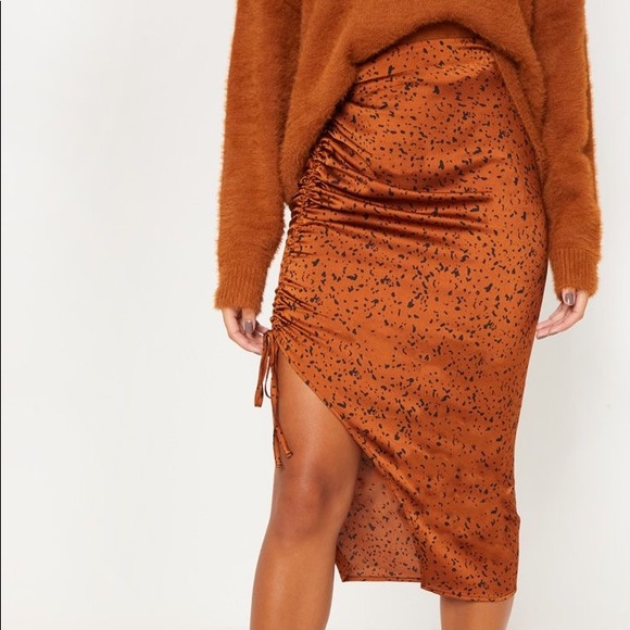 Rust Satin Printed Ruched Side Midi Skirt